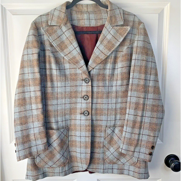 VTG 70s tweed Plaid Blazer Jacket Brown Blue Pockets Med/Large Academia nerdy - Picture 1 of 14